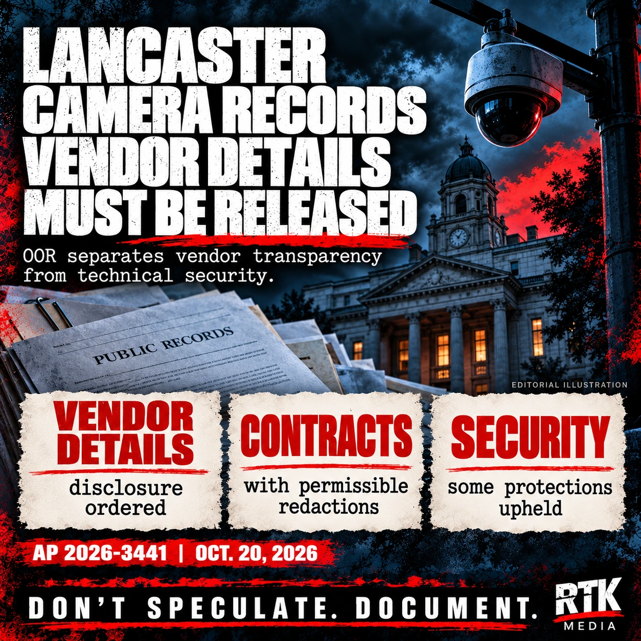 Headline: "LANCASTER CAMERA RECORDS / VENDOR DETAILS MUST BE RELEASED". Subhead: "OOR separates vendor transparency from technical security." Three ivory panels: "VENDOR DETAILS / disclosure ordered"; "CONTRACTS / with permissible redactions"; "SECURITY / some protections upheld". Small case line: "AP 2026-3441 | OCT. 20, 2026". Background: conceptual street security camera, courthouse facade and paper documents; no invented surveillance footage. Footer: DON'T SPECULATE. DOCUMENT. RTK MEDIA. Background imagery is an editorial illustration.