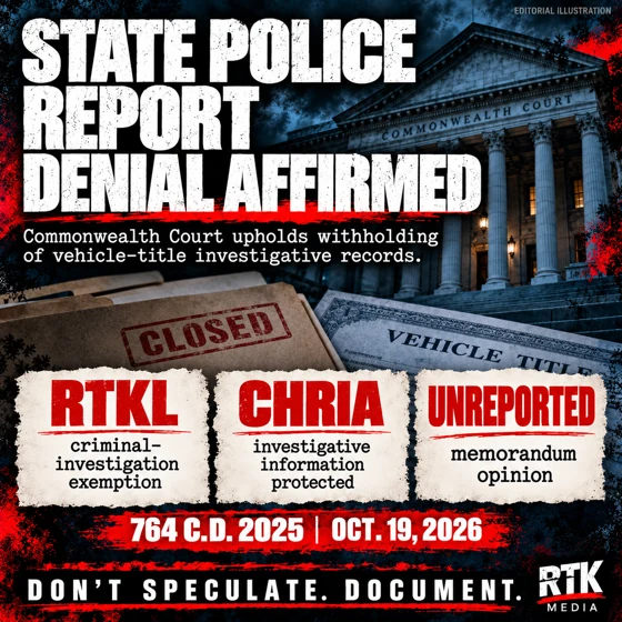 Court affirms denial of State Police report in vehicle-title investigation — editorial illustration