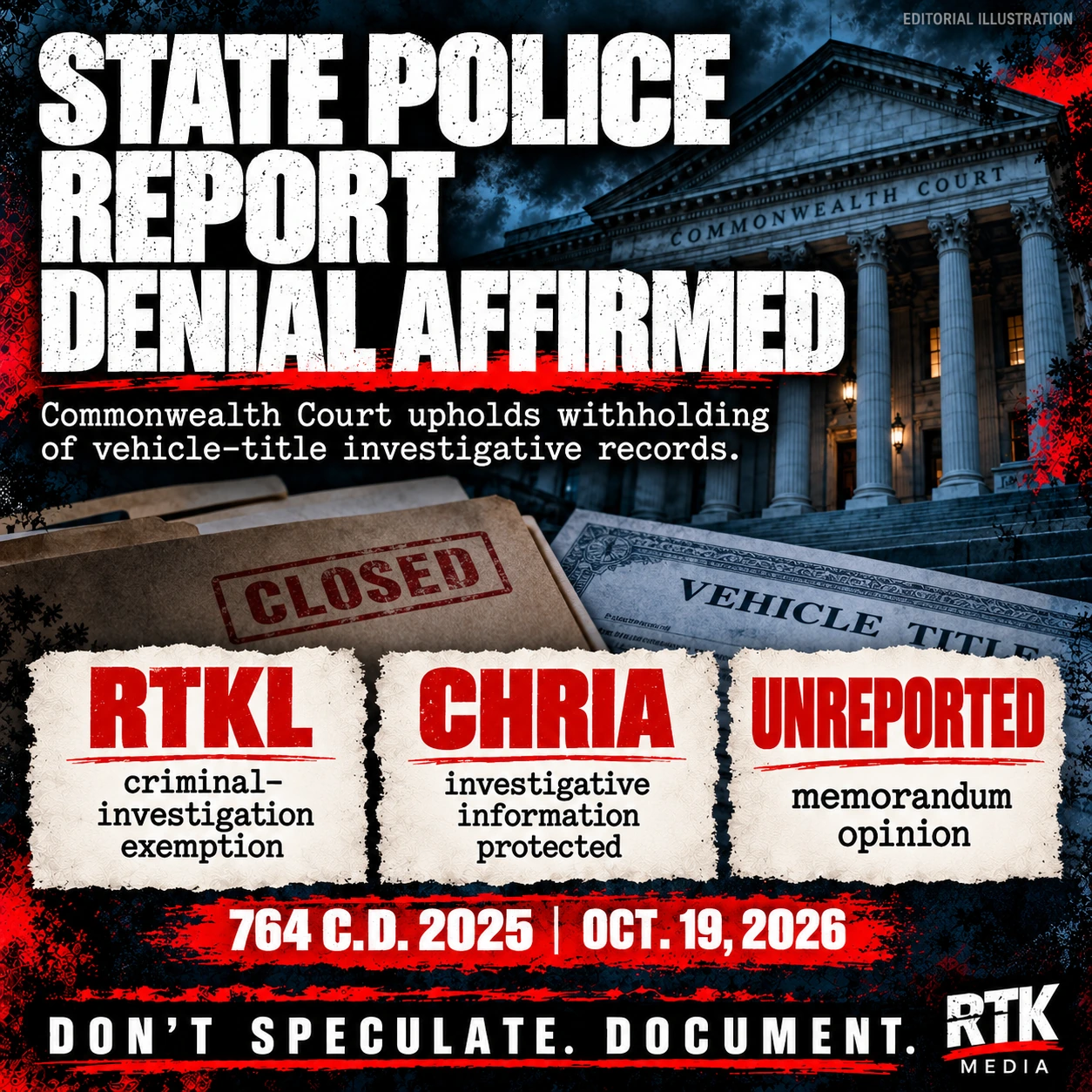 Headline: "STATE POLICE REPORT / DENIAL AFFIRMED". Subhead: "Commonwealth Court upholds withholding of vehicle-title investigative records." Three ivory panels: "RTKL / criminal-investigation exemption"; "CHRIA / investigative information protected"; "UNREPORTED / memorandum opinion". Small case line: "764 C.D. 2025 | OCT. 19, 2026". Background: anonymous court columns, closed case folder and faint vehicle-title paper motifs; no allegation of guilt, no identifiable suspect. Footer: DON'T SPECULATE. DOCUMENT. RTK MEDIA. Background imagery is an editorial illustration.