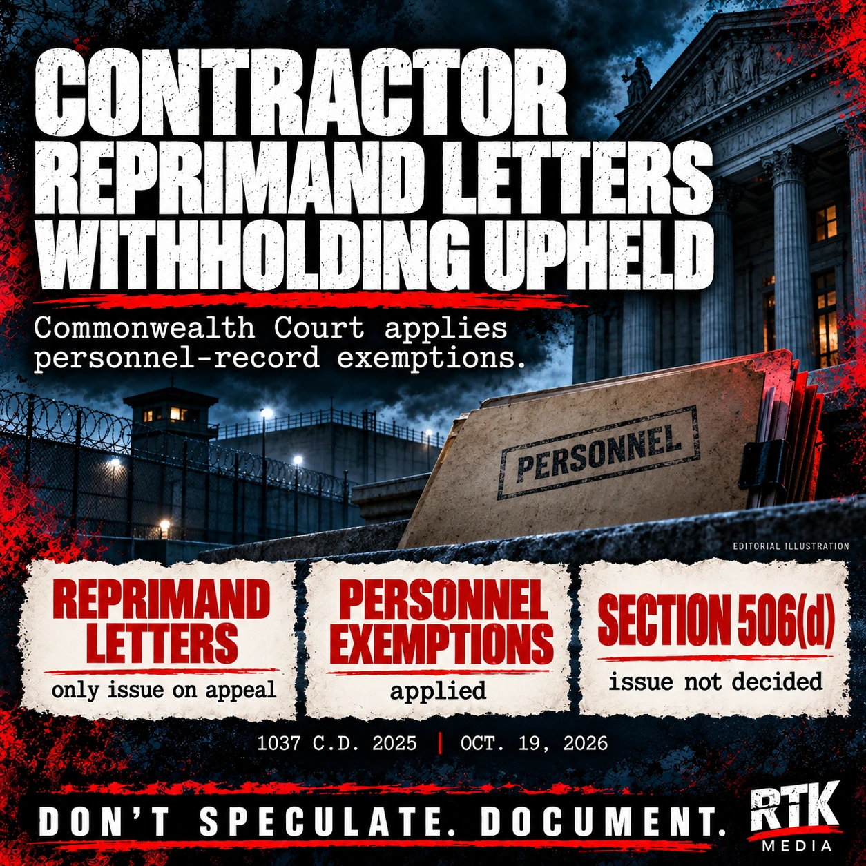 Headline: "CONTRACTOR REPRIMAND LETTERS / WITHHOLDING UPHELD". Subhead: "Commonwealth Court applies personnel-record exemptions." Three ivory panels: "REPRIMAND LETTERS / only issue on appeal"; "PERSONNEL EXEMPTIONS / applied"; "SECTION 506(d) / issue not decided". Small case line: "1037 C.D. 2025 | OCT. 19, 2026". Background: conceptual prison exterior in distance, courthouse columns and closed personnel folder; no identifiable doctor, inmate or suggestion of proven misconduct. Footer: DON'T SPECULATE. DOCUMENT. RTK MEDIA. Background imagery is an editorial illustration.